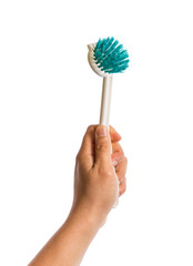 hand holding dish washing brush - 92211627