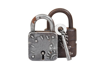 Vintage rusty lock and key, isolated on white background