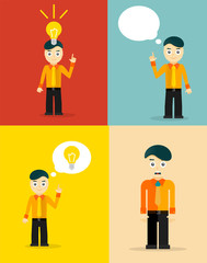 Young businessman thinking of his ideas. Set of flat design