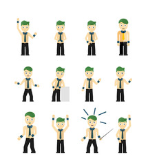 Set of cute young businessmen character poses isolated on white