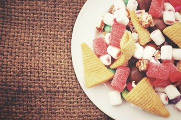 Mixed halloween candy with chocolate and marshmallow