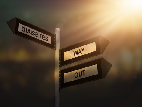 Diabetes way out problem sign. Prevention and life with diabetes problem concept.