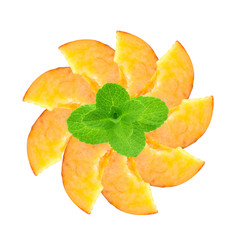 Fototapeta na wymiar Fresh peach slices and mint herb isolated on white