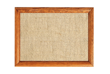 burlap texture in wooden frame isolated on white