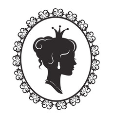 Silhouette of a beautiful princess in the profile in the old-fashioned patterned frame on a white background
