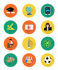 Modern flat education icons set with long shadow effect