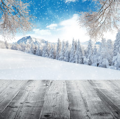 Winter landscape with wooden planks