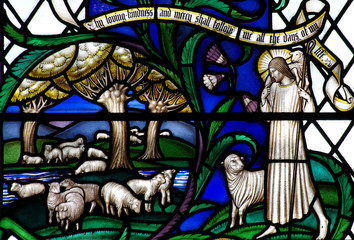 Jesus Christ the Good Shepherd with sheep in stained glass