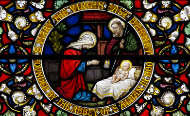 The Nativity (birth of Jesus) in stained glass - obrazy, fototapety, plakaty