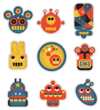 Cartoon robots and monsters faces in color.