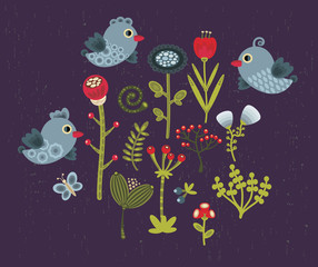 Birds and flowers.