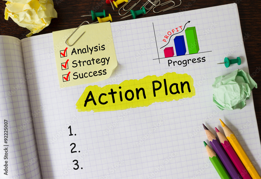 Poster notebook with tools and notes about action plan