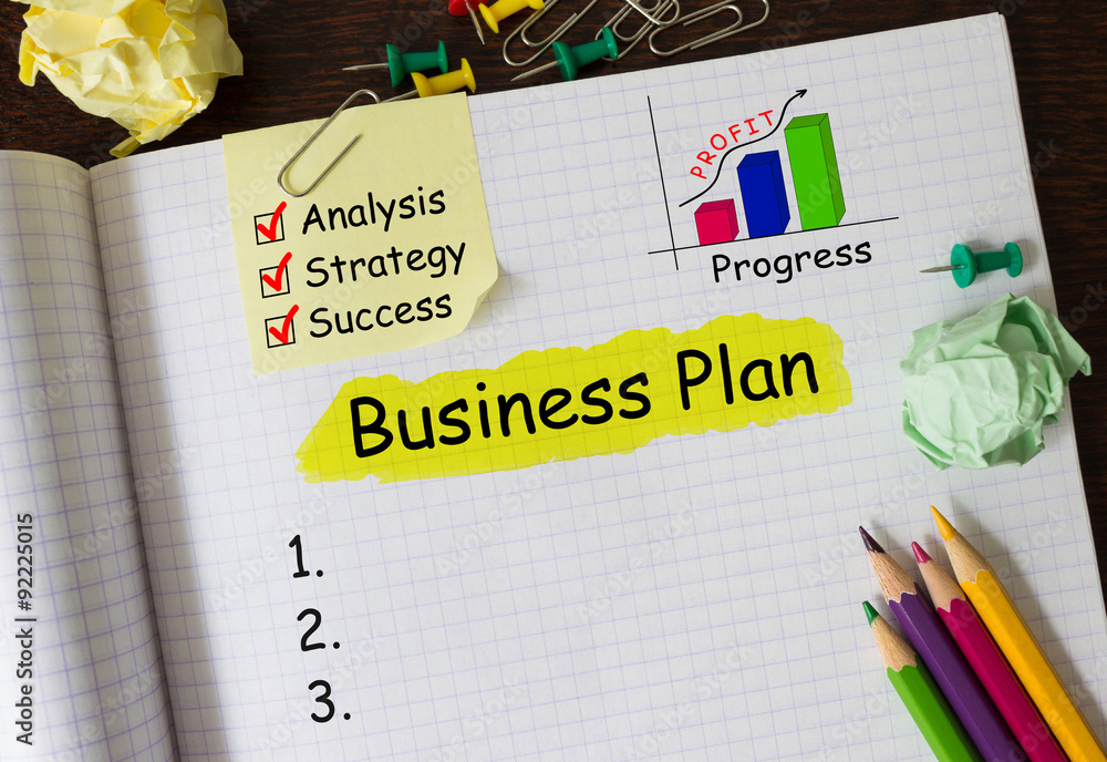 Poster notebook with tools and notes about business plan