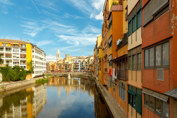 Girona. Multi-colored facades of houses on the river Onyar.