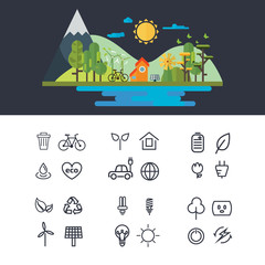 Vector flat design illustration of ecology landscape. infographic element. eco icon set