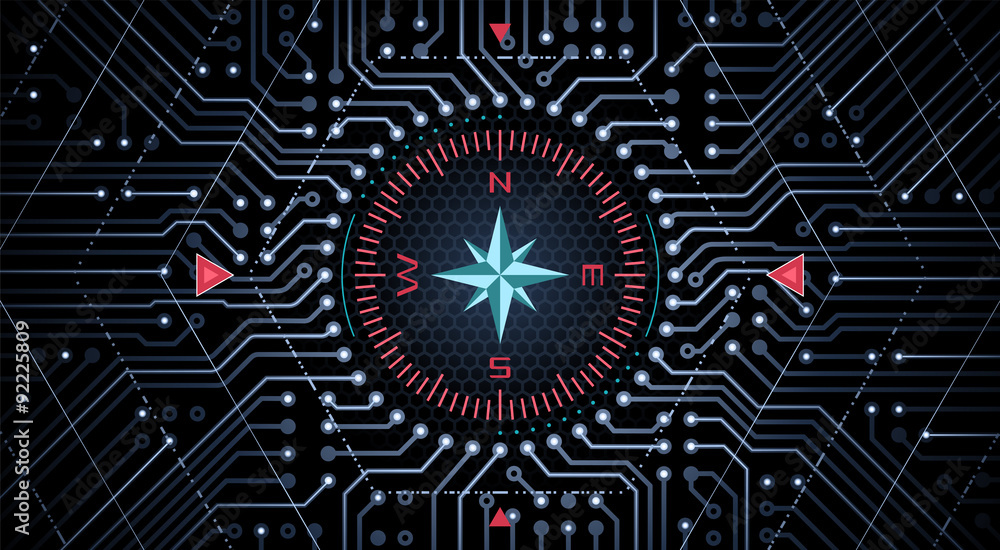 Poster analog-digital compass. classical compass in the center of a circuit board. graphic representation o