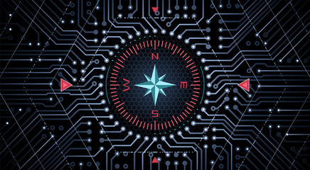 Analog-Digital Compass. Classical compass in the center of a circuit board. Graphic representation of navigational equipment. © Sergey Tarasov