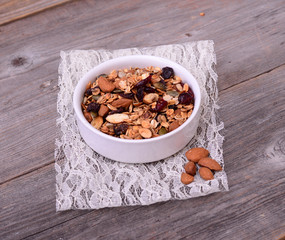 Granola from several types of cereals with nuts,coconut chips an