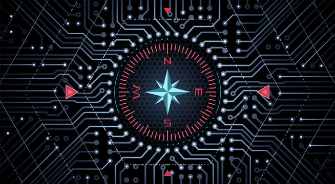 Analog-Digital Compass. Classical compass in the center of a circuit board. Graphic representation of navigational equipment.