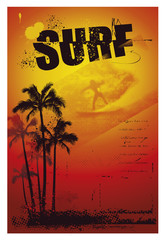 grunge surf summer background with palms and sunset