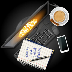 notebook and computer with mobile phone and coffee