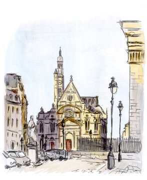 Watercolor painted drawing of Paris with church