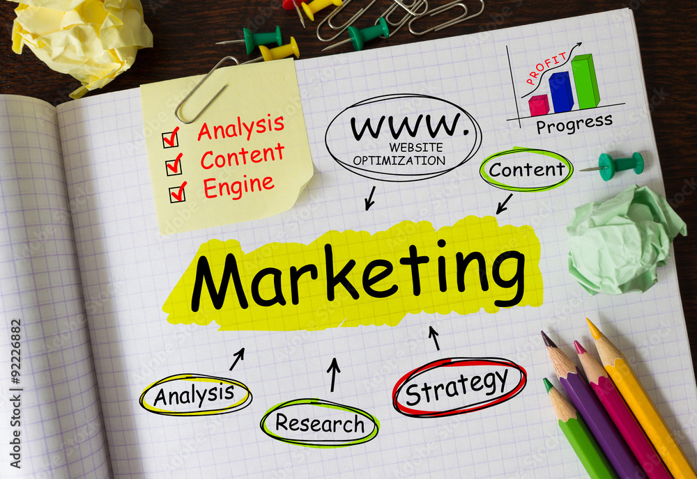 Aufkleber notebook with tools and notes about marketing