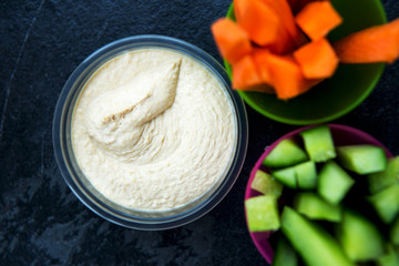 Hummus and Sticks of Carrots and Cucumber