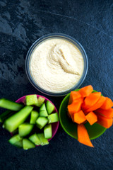 Hummus and Sticks of Carrots and Cucumber