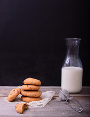 Stack of Chocolate chip cookie and bottle of milk with lace napk
