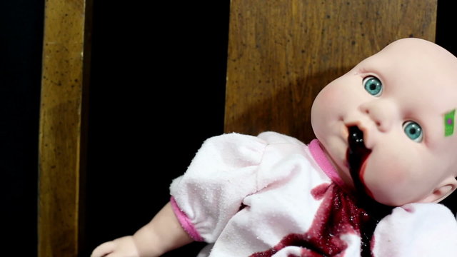 Horror clip child's toy doll vomits blood pose two 