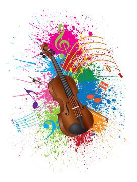 Violin with Bow Paint Splatter Vector Illustration