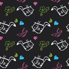 Seamless pattern with cats,hearts,butterfly on black.