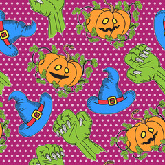 Halloween seamless pattern with cute pumpkin, zombie hands, wizard hat. Vector halloween background.