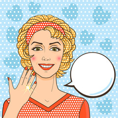 Happy blonde woman showing her engagement ring, pop art comic style