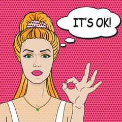 Woman says IT'S OK pop art comics retro style. Vector blond woman on pink background