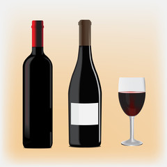 an image of two bottles of different shapes and glass filled with wine
