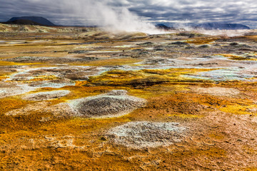 Full of sulfur and steam Namafjal llandscape in Iceland