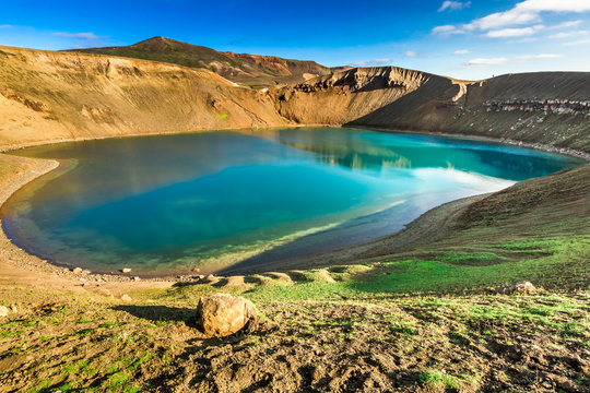 Unique lake in the crater of a volcano in Iceland