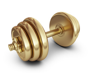 Golden dumbbell. 3D Icon isolated on white background