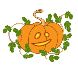 Obraz premium Vector cute halloween pumpkin with leaves and happy face
