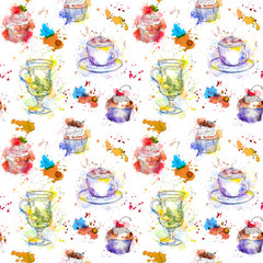 Teatime repeating pattern. Cupcake cakes, tea, coffee cup.