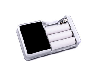 Battery charger with batteries on white background
