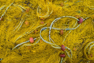 Yellow fishing nets in a Greek island