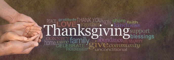 Thanksgiving Word Cloud Website Banner - Female cupped hands cradled by male hands outstretched...