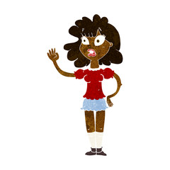 cartoon worried woman waving