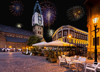 Nocturnal view on Dome square in old Riga city, Latvia