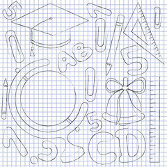 Obraz premium Picture globe, school supplies, letters and numbers on notebook sheet