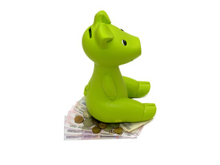 Piggybank and Russian rubles  isolated on white with Clipping Path