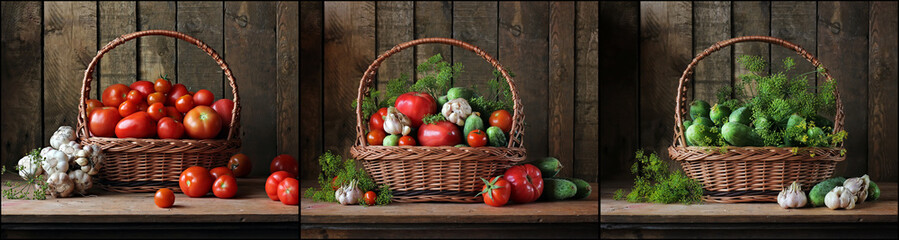 A collage from still lifes with vegetables in a basket.